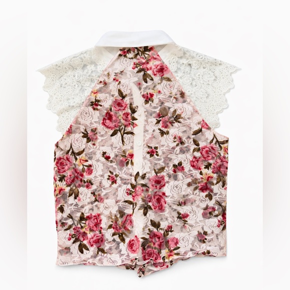 Charlotte Russe Sheer Lace Ivory w/ Roses Collar Blouse Y2K Coquette Romantic M - Picture 3 of 4